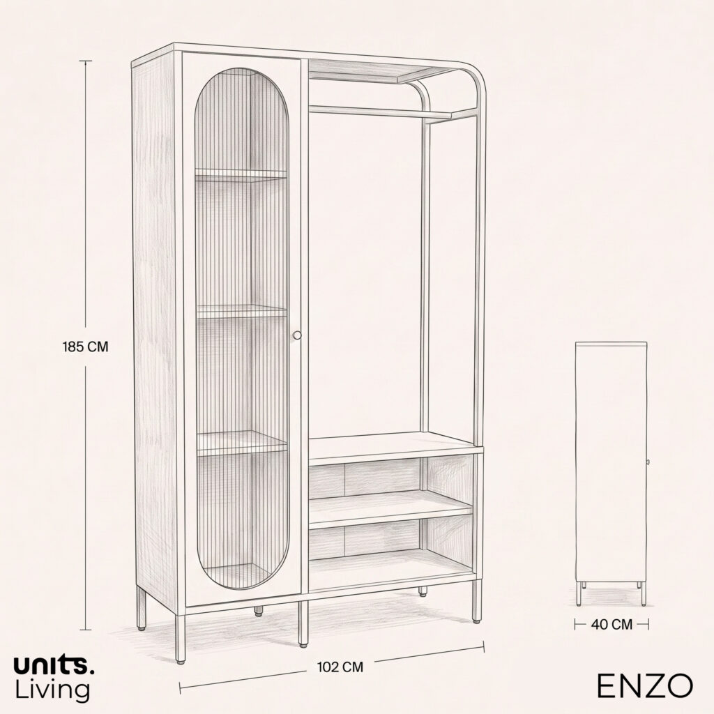 יחידת מתלה ואחסון צבע סהרה זכוכית גלית | ENZO – מידות המוצר