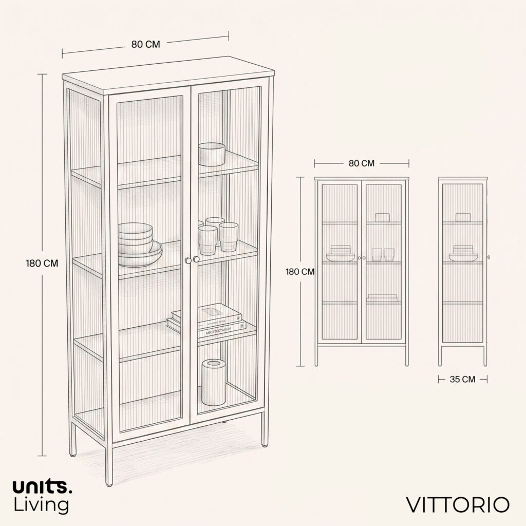 ספריית מתכת זכוכית גלית | VITORIO – מידות המוצר